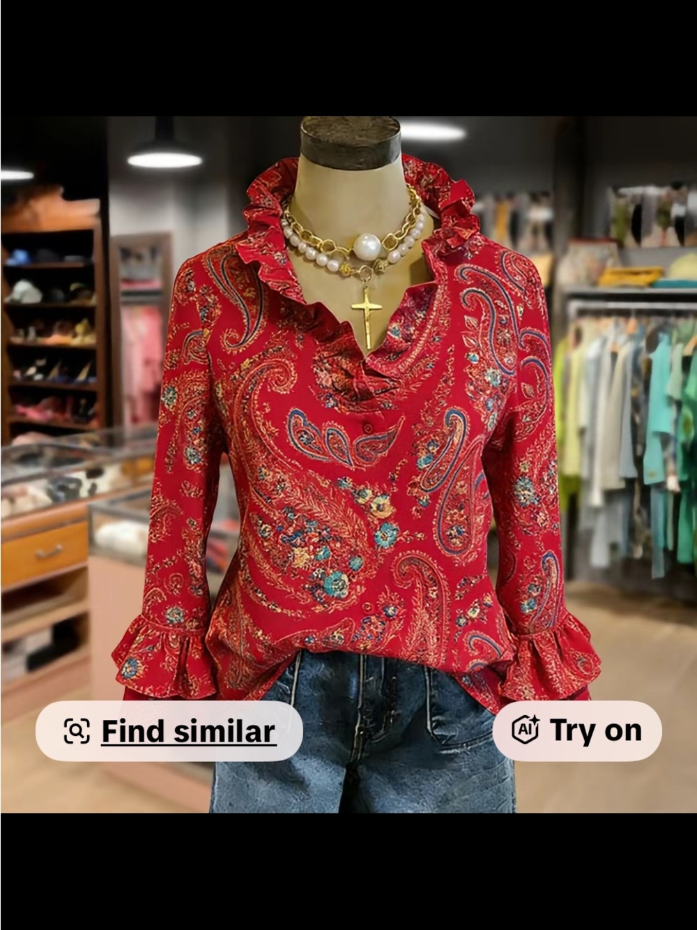 Red Paisley Ruffle-Trim Blouse - Picture 12 of 13